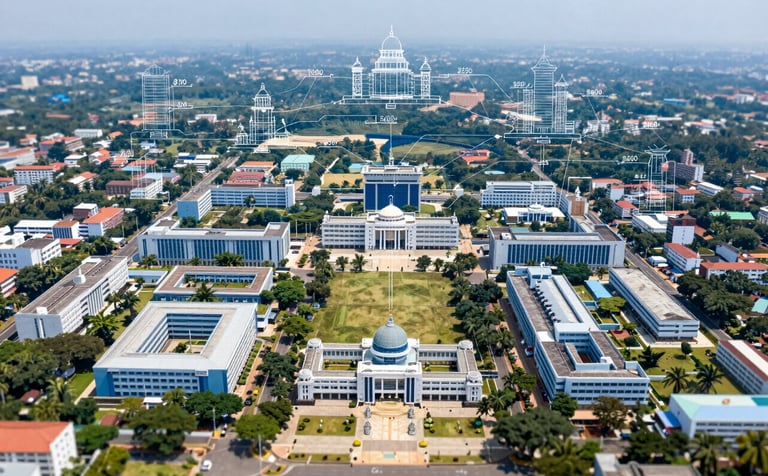 An aerial view of a large collegiate campus in Tamil Nadu with architectural blueprints overlaid, representing a network of 500+ colleges. The lighting is bright and professional, emphasizing growth and educational opportunity with a sophisticated color palette of #1F3F6B and #507DA4.