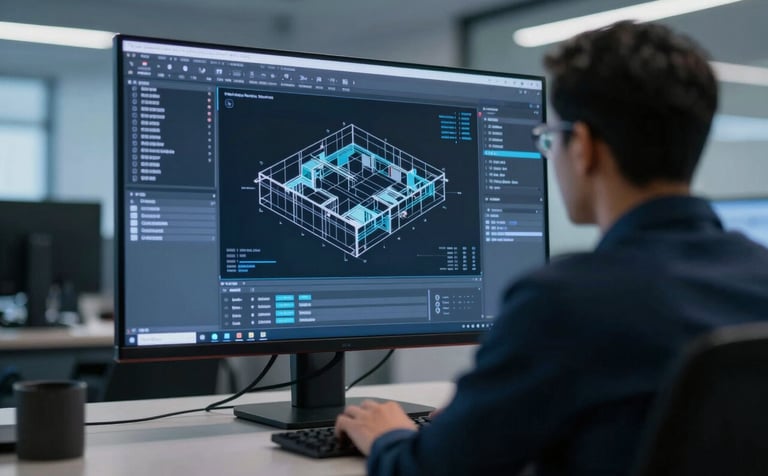 A high-tech executive office in Tamil Nadu, featuring a wide-screen monitor displaying complex Autodesk architectural software. The room is professionally lit with cool blue tones, reflecting a modern and authoritative atmosphere. The palette utilizes deep blues and metallic greys, symbolizing technical expertise and sales management excellence.