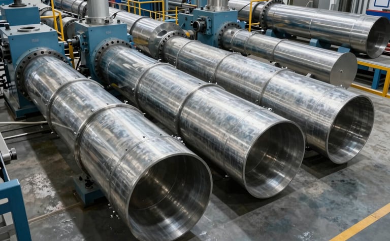 A wide-angle shot of a high-tech factory floor showcasing large, cylindrical galvanized steel duct segments. The lighting is bright and professional, highlighting the metallic textures. Elements of muted steel blue machinery are visible in the background, creating a sense of robust industrial scale and precision.