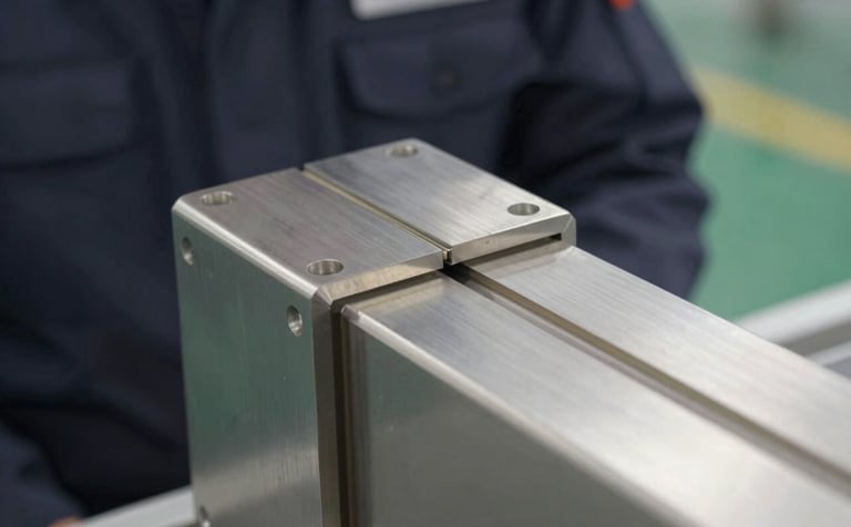 Close-up macro photography of a high-grade industrial air seal on a rectangular duct. An inspector in a dark charcoal navy uniform is visible in the soft background. The lighting highlights the precision of the manufacturing seams and the clean, polished finish of the metal.