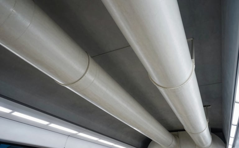 Architectural photography of the Riyadh Metro interior, focusing on the massive exposed ductwork systems installed along the ceiling. The composition is a dynamic low-angle shot, with cool off-white surfaces and soft slate blue industrial accents.