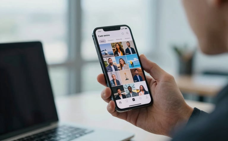 A lifestyle photograph of a professional holding a modern smartphone in a bright, airy office environment. The screen shows a vibrant social media feed. Natural light illuminates the scene with soft blue tones.