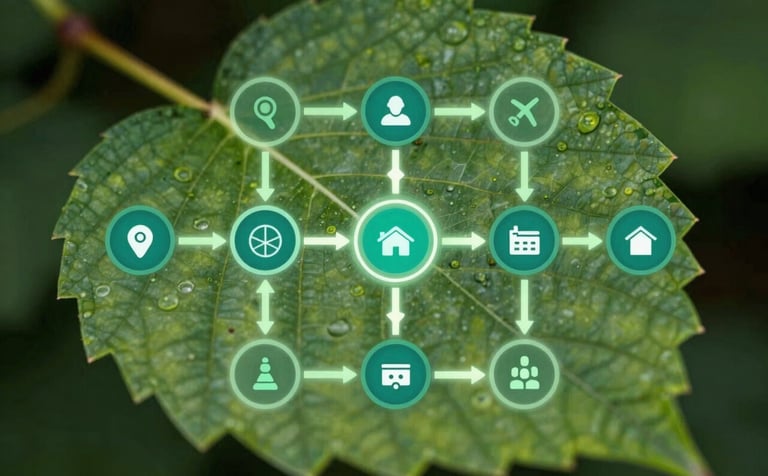 An abstract, professional digital supply chain visualization. Data nodes and glowing pathways of #9FBDBA and #3C6B6D are superimposed over a macro shot of a green leaf, symbolizing the bridge between natural heritage and data science.