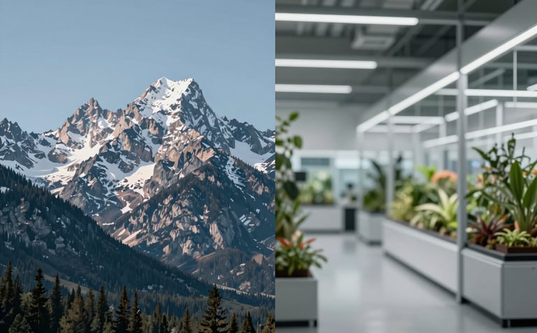 A sophisticated split-composition image. On one side, the majestic snow-capped peaks of Wyoming under a clear sky; on the other, a high-tech botanical warehouse. The lighting is crisp and professional, utilizing a palette of #1C2A2D and #9FBDBA to emphasize clean bioscience and natural heritage.