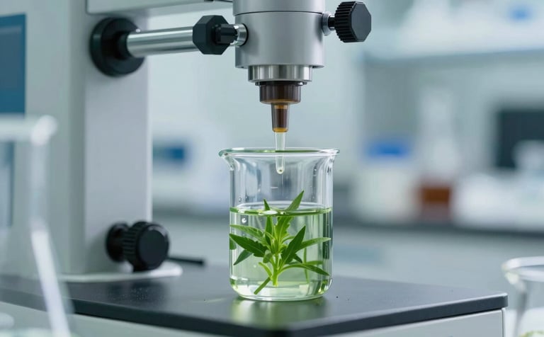 Close-up of a precision biotechnology extraction process in a sleek, modern lab. Transparent glassware contains vibrant green plant essences. The atmosphere is clinical and trustworthy, with accents of #3C6B6D and #F0F5F2, reflecting scientific rigor.