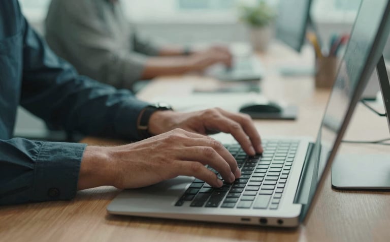 A close-up of a professional in a North American / US co-working hub, typing on a modern keyboard. Soft teal lighting creates a sense of modern innovation and focus. The environment is clean and supportive.