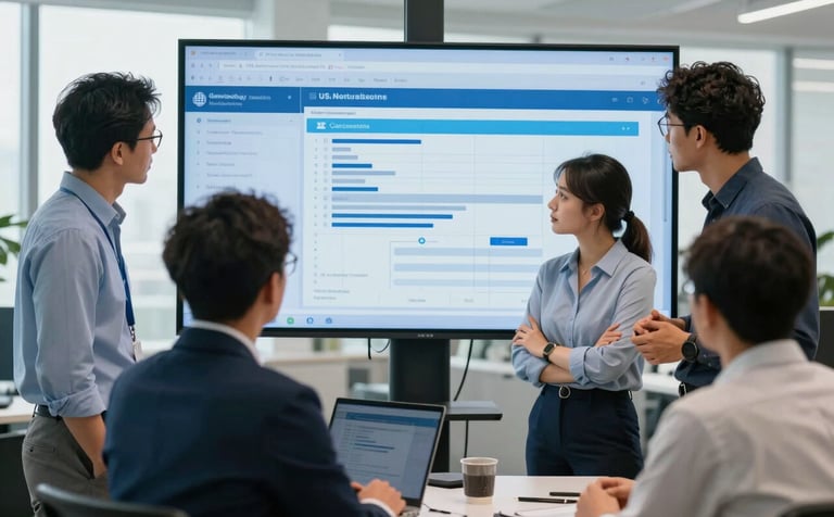 A team of diverse professionals collaborating in a bright, innovative North American / US corporate workspace. They are gathered around a digital screen showing workflow charts. The scene conveys reliability and expertise with royal blue and ice blue tones.