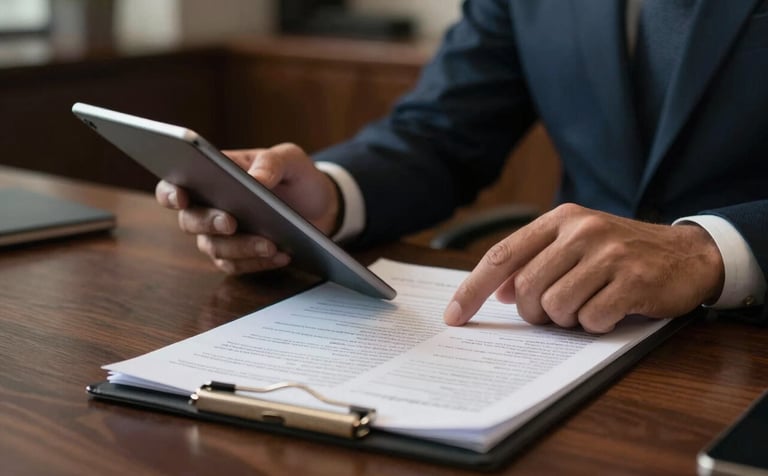 A close-up of a financial professional’s hands using a tablet and reviewing detailed reports on a dark oak desk in a high-end British office suite. Moody, professional lighting.