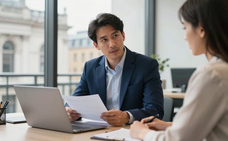 Professional financial advisory session in a bright, modern London office. A consultant in a navy blue suit discusses documents with a client. The setting is clean and sophisticated with views of British architecture through large windows.