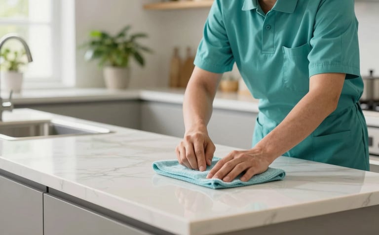 A high-end, clean kitchen interior with off-white marble countertops. A professional cleaner in a medium teal uniform is meticulously polishing a surface. Soft green plants are visible in the background, bathed in natural light. The atmosphere is professional and refreshing.
