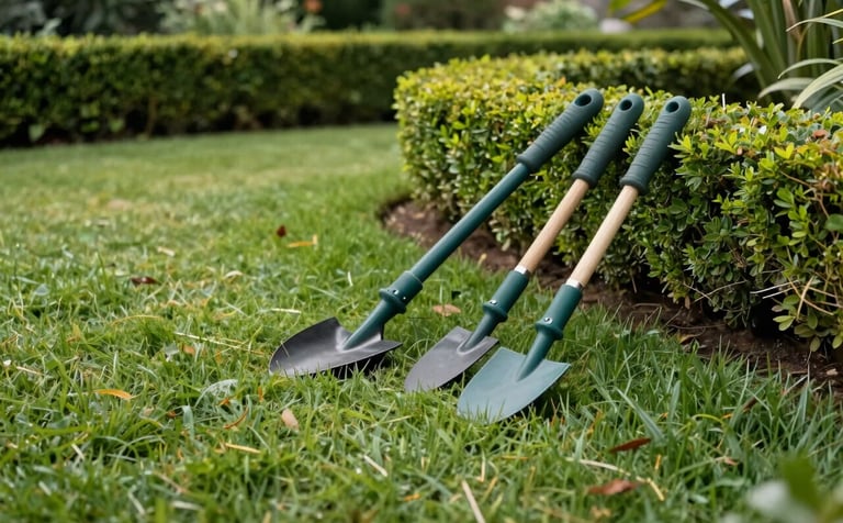 A beautifully manicured Melbourne garden with a lush green lawn and perfectly trimmed hedges. Professional gardening tools with dark teal handles are resting neatly on a soft green lawn. The scene is bright and meticulously maintained.