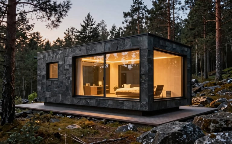 A luxury, one-of-a-kind modular retreat nestled in a rugged Northern European forest. The architecture uses dark slate gray steel and glass, illuminated from within with a warm golden glow during a serene Irish twilight.