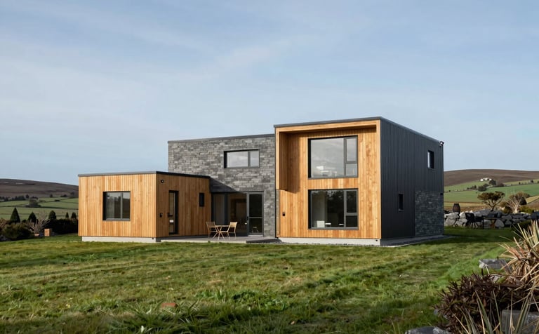 A spacious, two-story contemporary modular family residence in a lush Irish green landscape. The house features mixed textures of wood and slate gray metal, with a professional architectural photography style under a clear light blue sky.