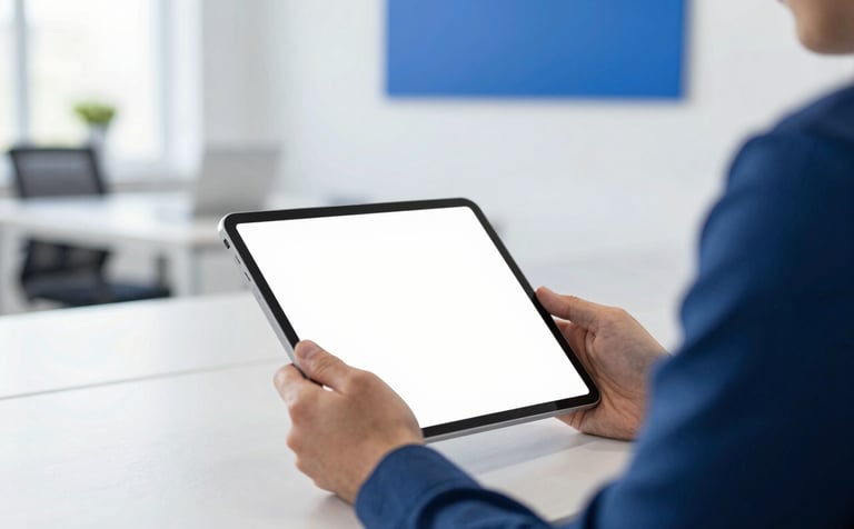 A side view of a person using a tablet in a bright, modern office space. The composition is clean and uncluttered. Accents of professional blue (#4E7B99) are integrated into the background elements to maintain brand consistency.