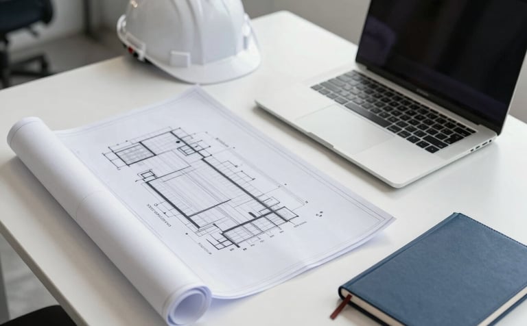 A clean, high-angle photograph of an HVAC engineer's workspace in a South American / Brazilian office. A detailed blueprint is unfolded on a white desk next to a sleek laptop and a dark blue notebook. The lighting is bright and natural, conveying a professional and focused atmosphere.