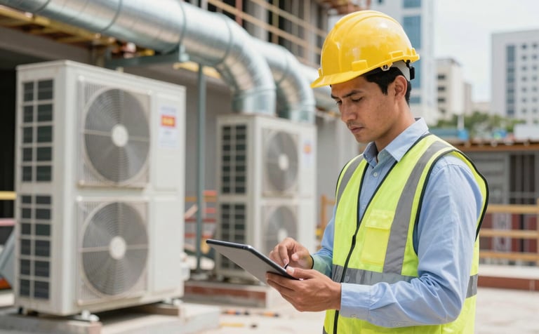 A professional engineer in a clean construction site environment in a South American / Brazilian city. The individual is reviewing a digital plan on a tablet while standing near industrial air conditioning ducts. Professional, clean, and modern setting.