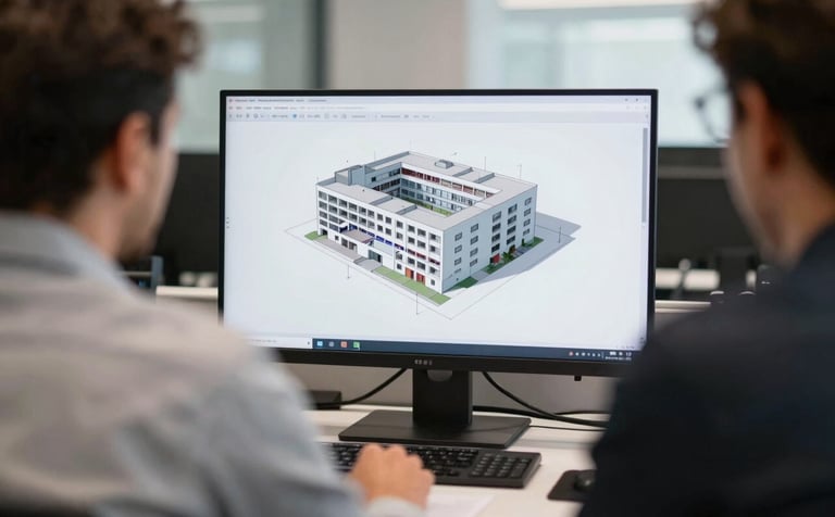 An over-the-shoulder shot of a professional discussion in a modern Brazilian architecture studio. A computer screen displays a 3D model of a building's HVAC system. The background is slightly blurred with soft white and light blue tones.
