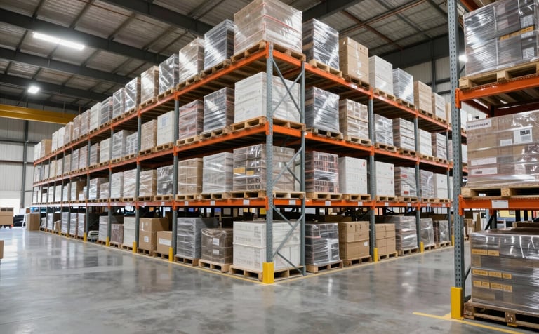 A high-quality photograph of a large North American distribution warehouse. The focus is on the scale and cleanliness of the facility, with polished floors and perfectly aligned storage racks. Bright, clean light fills the space, emphasizing a professional and well-maintained logistics hub.
