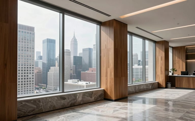 A crisp photograph of a modern commercial office space in the US after a professional post-construction cleaning. Large windows are streak-free, revealing a city skyline. The interior features premium materials like wood and stone, all polished and completely free of construction dust.