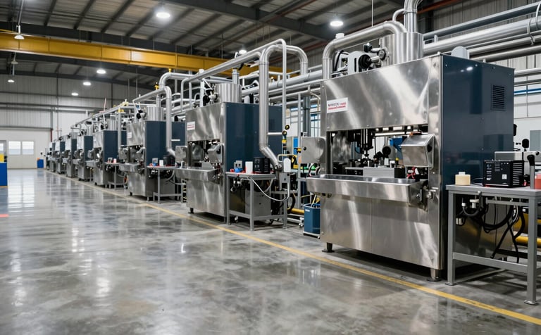 A wide-angle professional photograph of a pristine North American industrial manufacturing plant interior. The scene shows high-gloss concrete floors reflecting soft overhead lighting, with stainless steel machinery and dark blue accents. The environment is impeccably clean and organized, conveying efficiency and high standards.