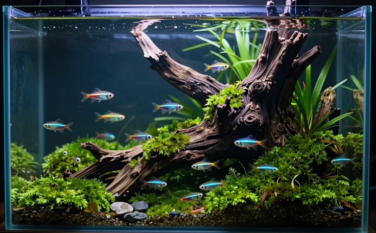 A serene, high-end aquascaped tank with lush green mosses, driftwood, and schooling neon tetras. The lighting is soft and atmospheric, reflecting a sophisticated harmony. The palette features deep greens and clear water, echoing #3A6C66 and #0A2E2A tones.
