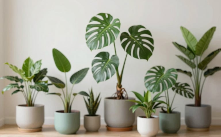 An elegant interior living space filled with exotic room plants like Monstera and Ficus. The plants are in ceramic pots of #EDF3F1 and #94B5A5. The style is modern and breathable, emphasizing a healthy, oxygen-rich environment with soft, indirect sunlight.