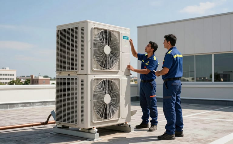 Wide shot of two professional technicians in South American / Brazilian uniforms installing a large outdoor VRF air conditioning unit on a clean modern rooftop of a corporate building. Natural sunlight, blue sky, focus on the high-tech metallic units and copper piping. Palette includes navy blue and muted grey.
