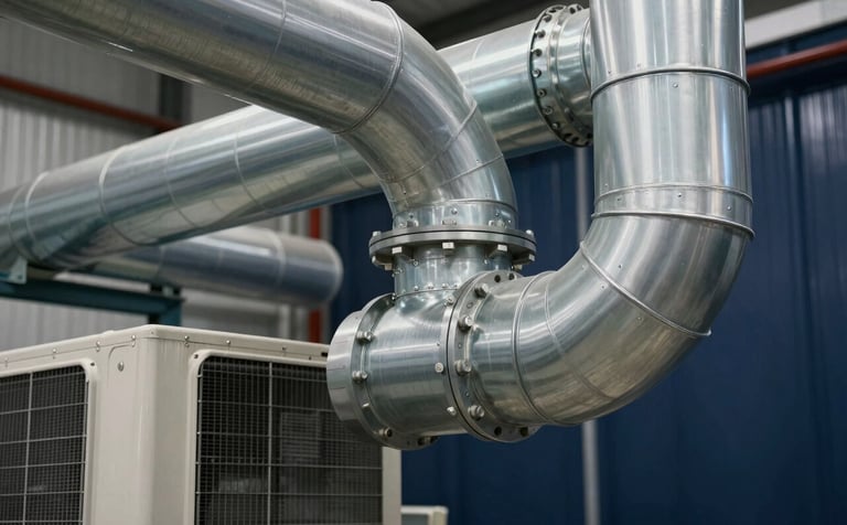 Close-up photography of a commercial ventilation system with large metal ducts and an evaporator unit. Industrial South American warehouse setting. Clean, sharp lines, metallic textures, professional atmosphere. Palette includes grey and navy blue.