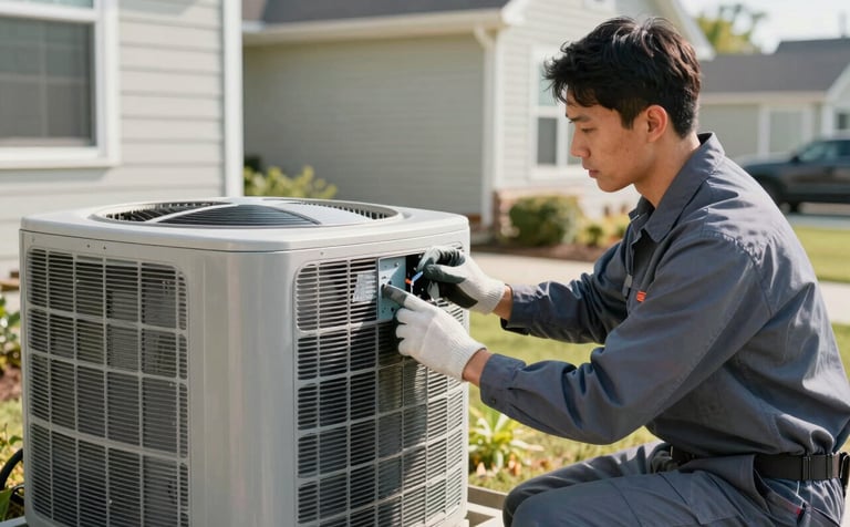 Professional photography of a technician in a slate blue uniform servicing a modern outdoor AC unit at a North American / US residential home. The scene is bright with clean morning light, showing a focus on expertise and reliability.