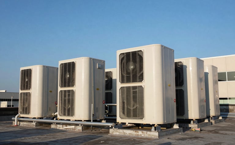 Professional wide-angle photography of large-scale commercial HVAC units on a rooftop of a North American / US corporate office building. The sky is a clear slate blue, conveying industrial strength and efficiency.