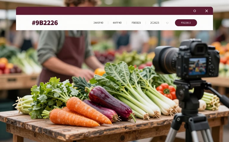 Behind-the-scenes shot of a digital marketing agency photographing fresh, locally sourced vegetables from a farmer's market. A professional camera on a tripod is focused on vibrant produce on a rustic table. Brand vibe: refined, down-to-earth yet professional. Palette notes: #9B2226, #4A5F40, #FBF8F2, #2C2623.