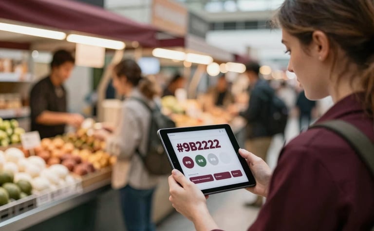 A modern food market bustling with activity. In the foreground, an agency social media manager is capturing the lively scene using a tablet, creating a high-quality reel. Lighting is bright and inviting. Brand vibe: sophisticated, authentic growth. Palette notes: #9B2226, #4A5F40, #FBF8F2, #2C2623.