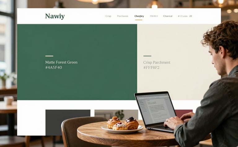 A cozy, Scandinavian-style restaurant interior with warm natural lighting. A digital marketing agency professional is sitting at a wooden table, planning content on a laptop next to a plate of artisanal pastries. Brand vibe: refined, inviting, trustworthy. Palette notes: incorporate hints of Deep Ripe Crimson (#9B2226), Matte Forest Green (#4A5F40), Crisp Parchment (#FBF8F2), and Charcoal (#2C2623).