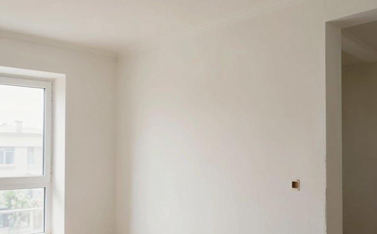 A high-end interior renovation scene showing professional plastering and painting of smooth white walls in a modern luxury apartment. Natural light highlights the clean lines and quality craftsmanship. Incorporating soft warm tones from the brand palette #BBA99C.