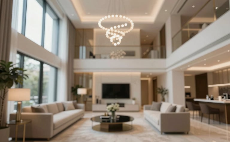 A wide, professional architectural shot of a fully finished luxury apartment. The space is warm, inviting, and exudes sophisticated comfort. High-end lighting design and premium materials are showcased. Incorporating #F2ECE7 and #6B5B4F.