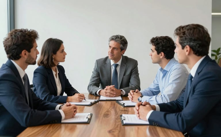 A high-end professional seminar in a Brazilian corporate setting. A group of managers in modern attire is gathered around a sleek wooden table, engaged in strategic planning. Bright, natural lighting, highlighting a mood of expertise and growth. Colors include light blue and dark navy.