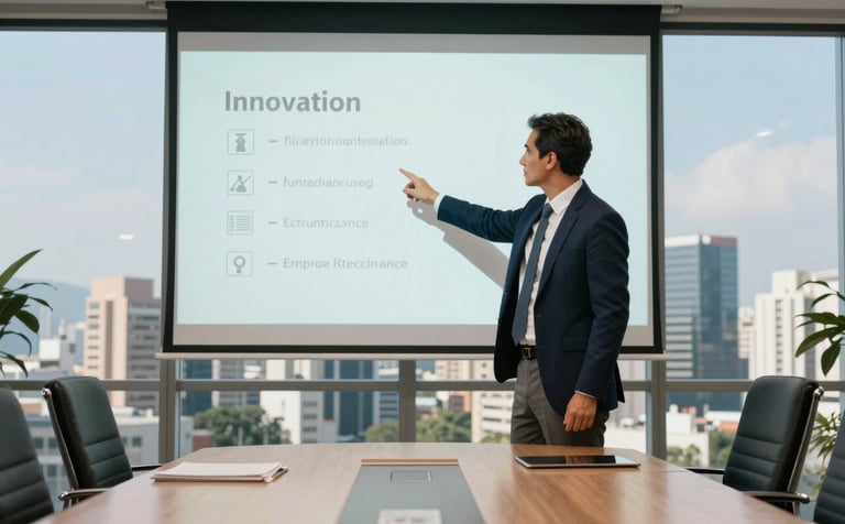 An executive boardroom overlooking a South American metropolis. A professional leader is pointing at a clean projection, emphasizing innovation and professional excellence. Sophisticated aesthetic with off-white and medium blue tones, conveying authority and confidence.