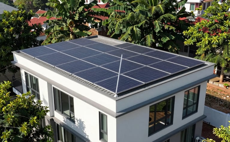 A wide-angle, bright photograph of a modern residential villa in Dehradun with advanced solar panels installed on the roof. The building features clean lines and is surrounded by lush leaf green trees under a clear sky. The lighting is bright and optimistic, reflecting a sustainable home.