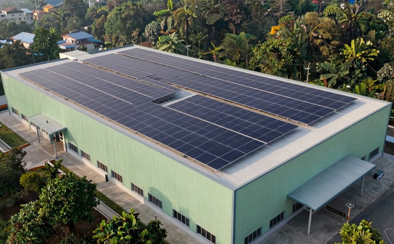 A professional architectural photograph of a large commercial facility in Dehradun with a massive solar panel array on its flat roof. The composition is modern and industrial, utilizing forest green accents and clear morning lighting to convey efficiency and reliability.