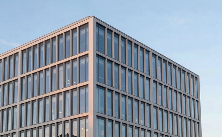 A minimalist and sharp architectural shot of a modern glass office building at sunset. The pale off-white facade reflects hints of a royal blue evening sky. Clean, professional corporate photography.