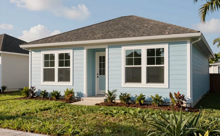 Photography of a beautiful suburban residential exterior in a North American / Florida neighborhood. The house features modern non-impact windows with clean white frames that contrast against pale mist blue siding. The composition is wide-angle, showing a well-maintained lawn under bright afternoon sun.