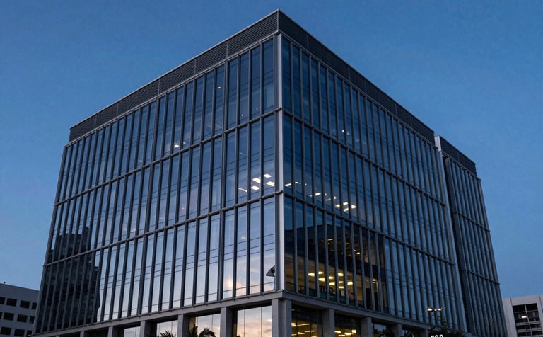 A sleek, modern commercial office building in a North American / Florida city. Large glass facades reflect the deep navy blue of the twilight sky and steel blue architectural details. The image projects an aura of professional reliability and high-tech construction.