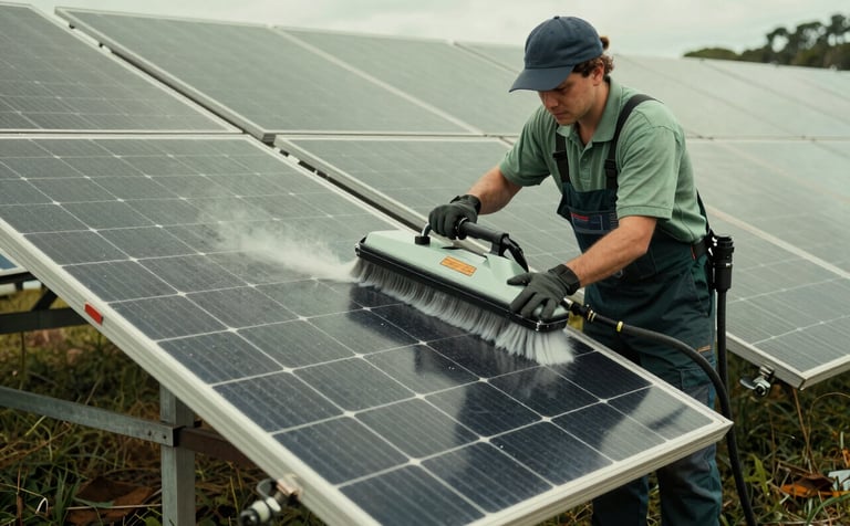 Detailed shot of solar panels being cleaned with professional equipment in a South American / Brazilian solar farm. Muted Sage Green and Pale Mist Green color palette, reflecting a sustainable and modern approach.