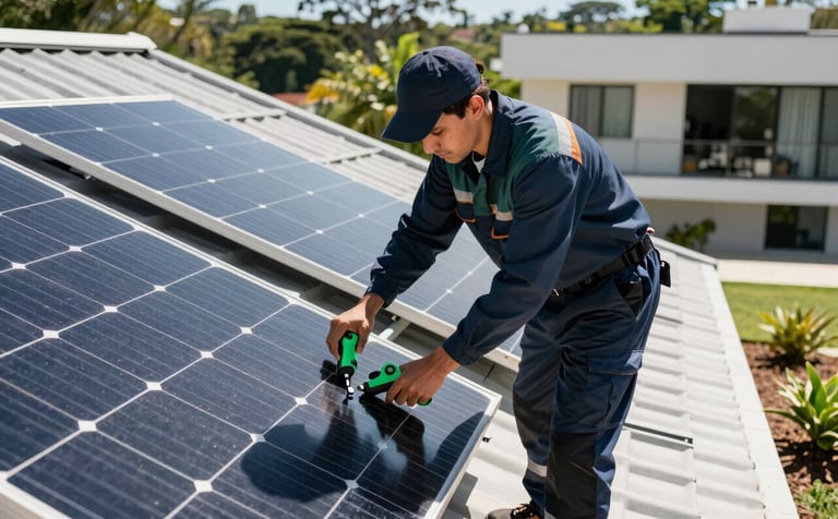 A professional technician in a Dark Navy Teal uniform installing solar panels on the roof of a modern South American / Brazilian residence. Bright sunlight, Forest Green accents on tools, high-quality photography, clean and modern aesthetic.