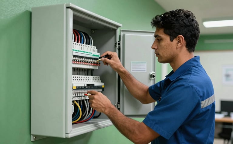 A skilled South American / Brazilian electrician working on a modern electrical panel in a well-lit interior. The setting is professional with Forest Green and Muted Sage Green tones in the background, conveying safety and expertise.