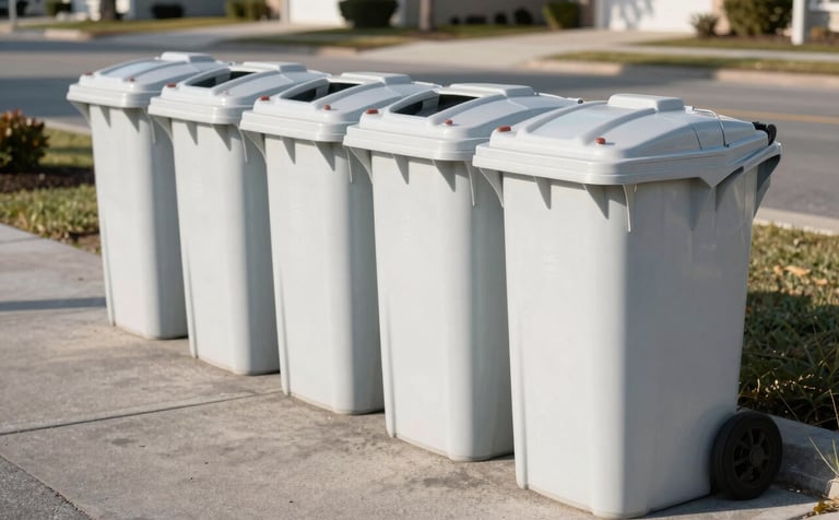 Photography of a row of bright, sanitized trash bins on a clean paved surface in a North American / US / Floridian suburban setting, bright morning sunlight, soft pearl grey shadows, highlighting cleanliness and order.