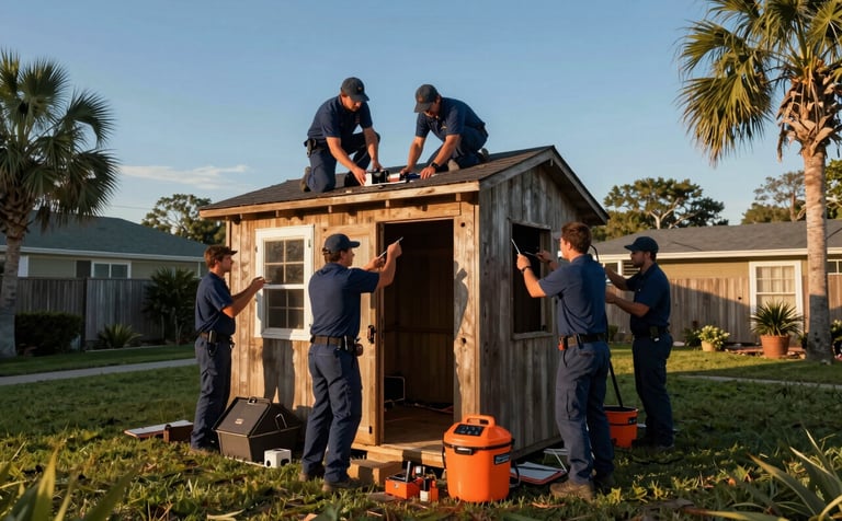 High-angle photography of a professional crew in rich navy blue gear dismantling an old wooden shed in a sunny North American / US / Floridian backyard, vibrant sunset orange safety equipment visible, clear blue sky background.
