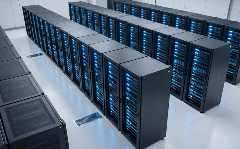 A high-angle, wide shot of a futuristic, ultra-clean data center located in North American / US. The room is filled with rows of sleek server racks emitting soft medium blue and light blue glows. The floor is a polished white surface, reflecting the technological brilliance of the hardware.