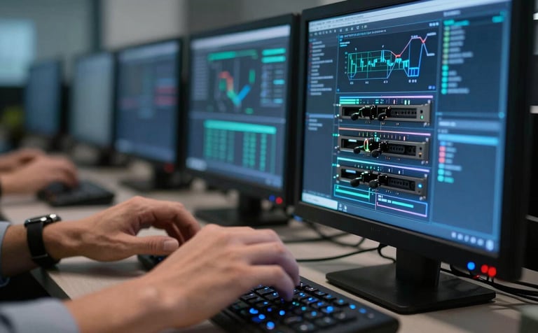 A detailed close-up of a professional IT engineer's hands working on a glowing networking terminal in a North American / US office. The atmosphere is professional and secure, with soft lighting highlighting the deep blue and light blue interface screens.