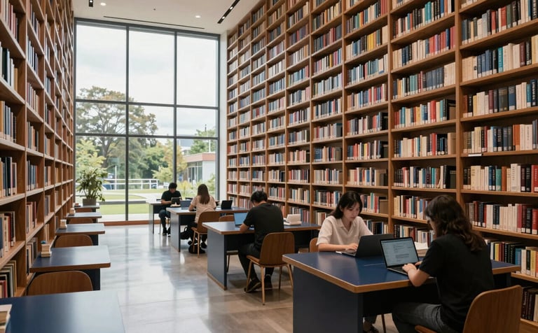 A modern library interior in Pirok with floor-to-ceiling wooden shelves housing 6,000 books. Large windows let in soft sky white light, reflecting off midnight blue study tables where students use laptops.